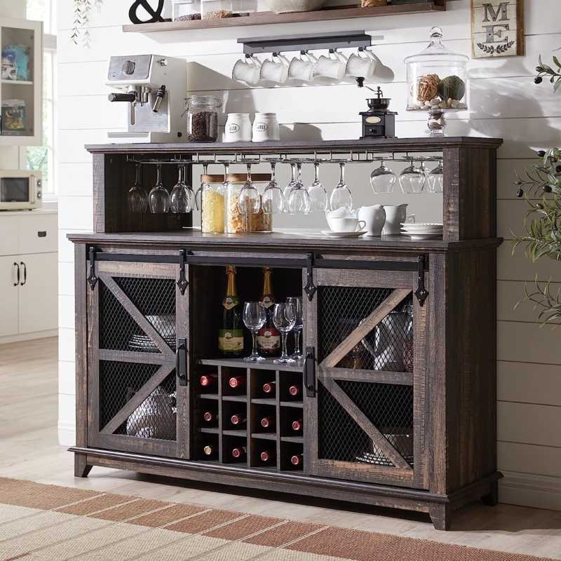 Tymari Farmhouse 55" Wine Coffee Bar Cabinet w/LED Lights, Sliding Barn Door, Wine u0026 Glass Rack