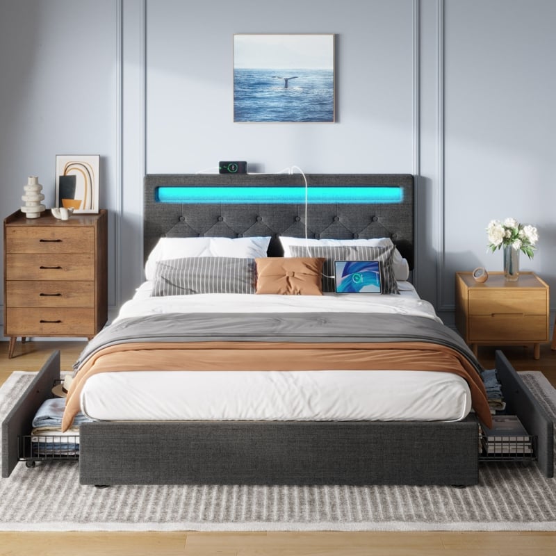 Upholstered Storage Bed with Adjustable Headboard, LED lights and USB Power Strips