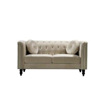 US Pride Furniture Vivian 64.17 in. Cream Classic Velvet 2-Seats Chesterfield Loveseat with Nailheads, Ivory