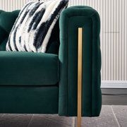Velvet Fabric Living Room Sofa, Mid Century Modern Upholstered 3 Seat Couch with Square Arm and Tufted Back, Accent Sleeper Sofa Couch with Solid Wood Frame and Golden Metal Legs for Bedroom, Green