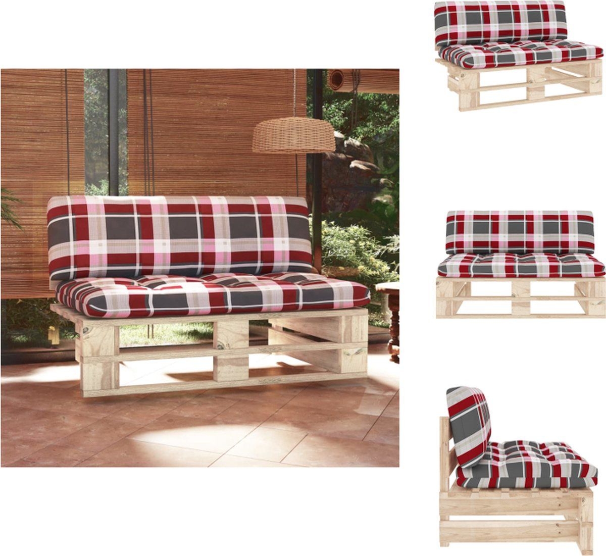 vidaXL Houten Middenbank - 110x65x55 cm - Grenenhout - Rood Geruit Kussen - Tuinbank