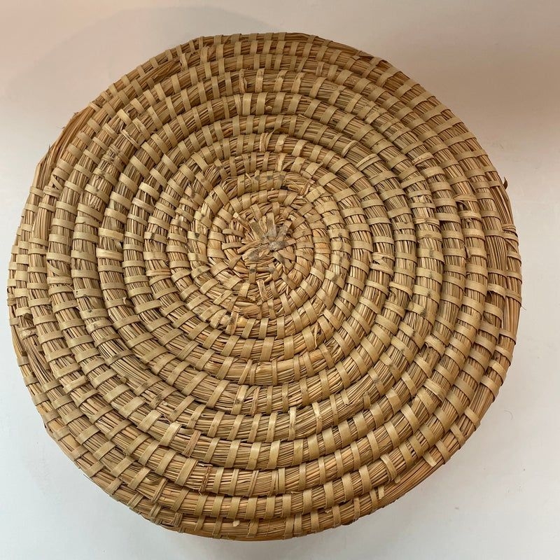 Vintage Woven Coil Basket With Metal Top Band