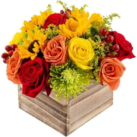 Warm Glow Flowers, Yellow, Orange and Redc, Arabella Bouquets Fresh Cut Foam Arrangement