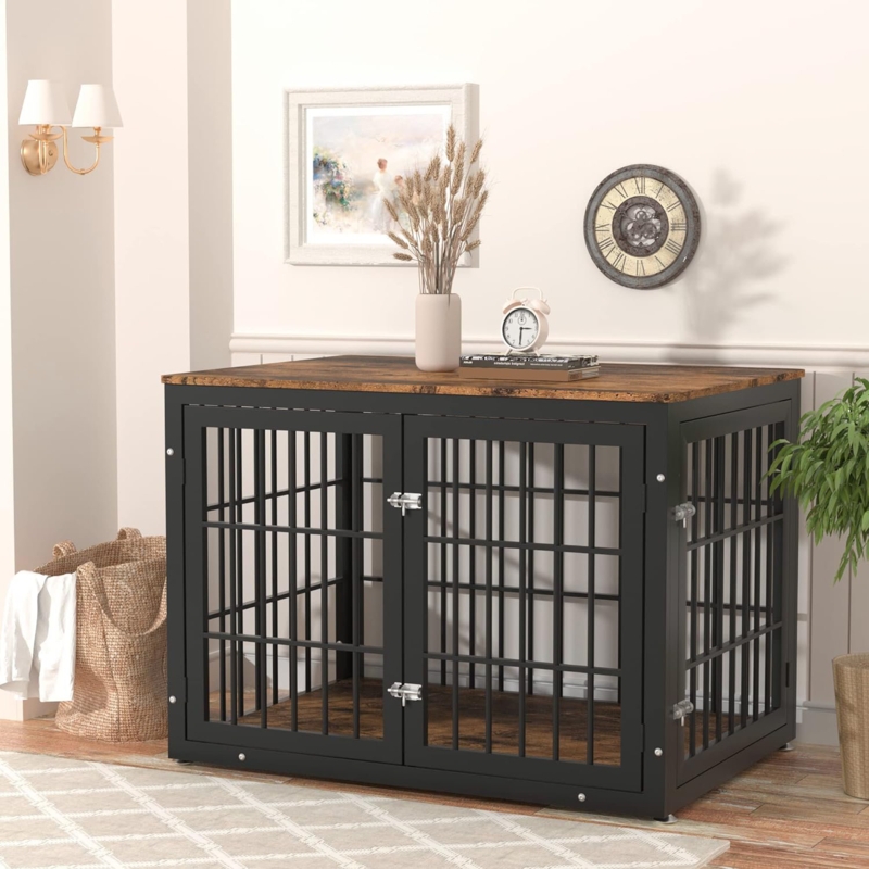 Wood Dog Crate Furniture, Dog Kennel Double Doors Heavy Duty Dog Cage End Table