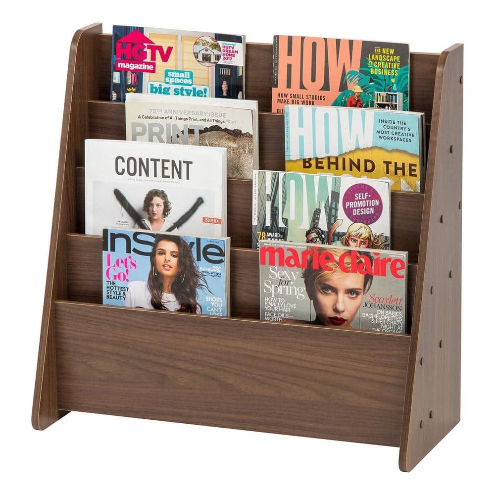 Wooden Magazine Rack, 4-Pocket Periodical Book Sketchbook Stand, Dark Brown