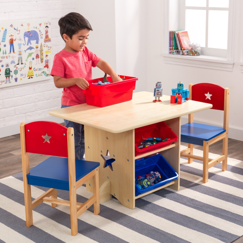 Wooden Star Table u0026 Chair Set with 4 Bins, Red, Blue u0026 Natural