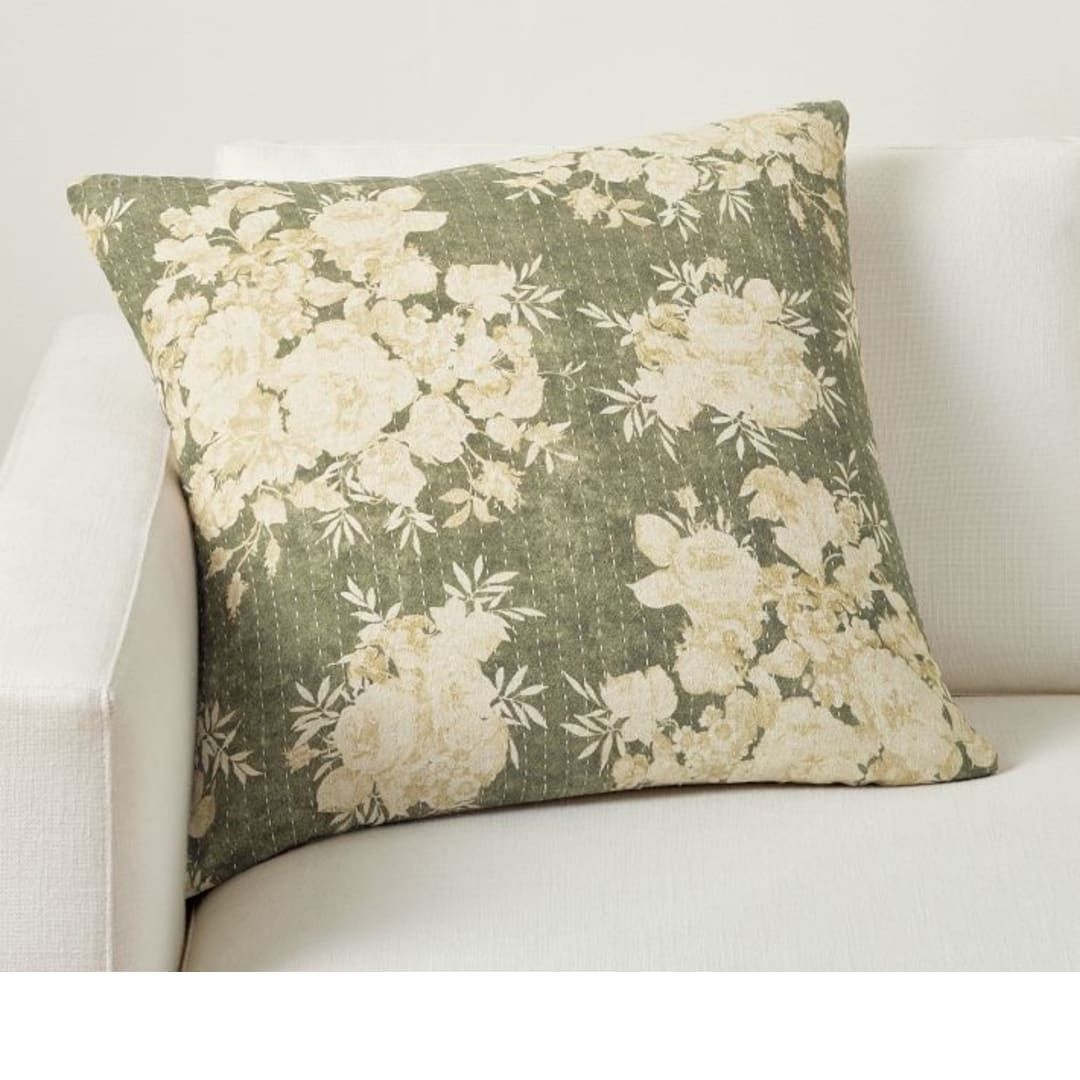 Zenia Floral Quilted Pillow & Down Feather Insert Bundle, 22", Olive