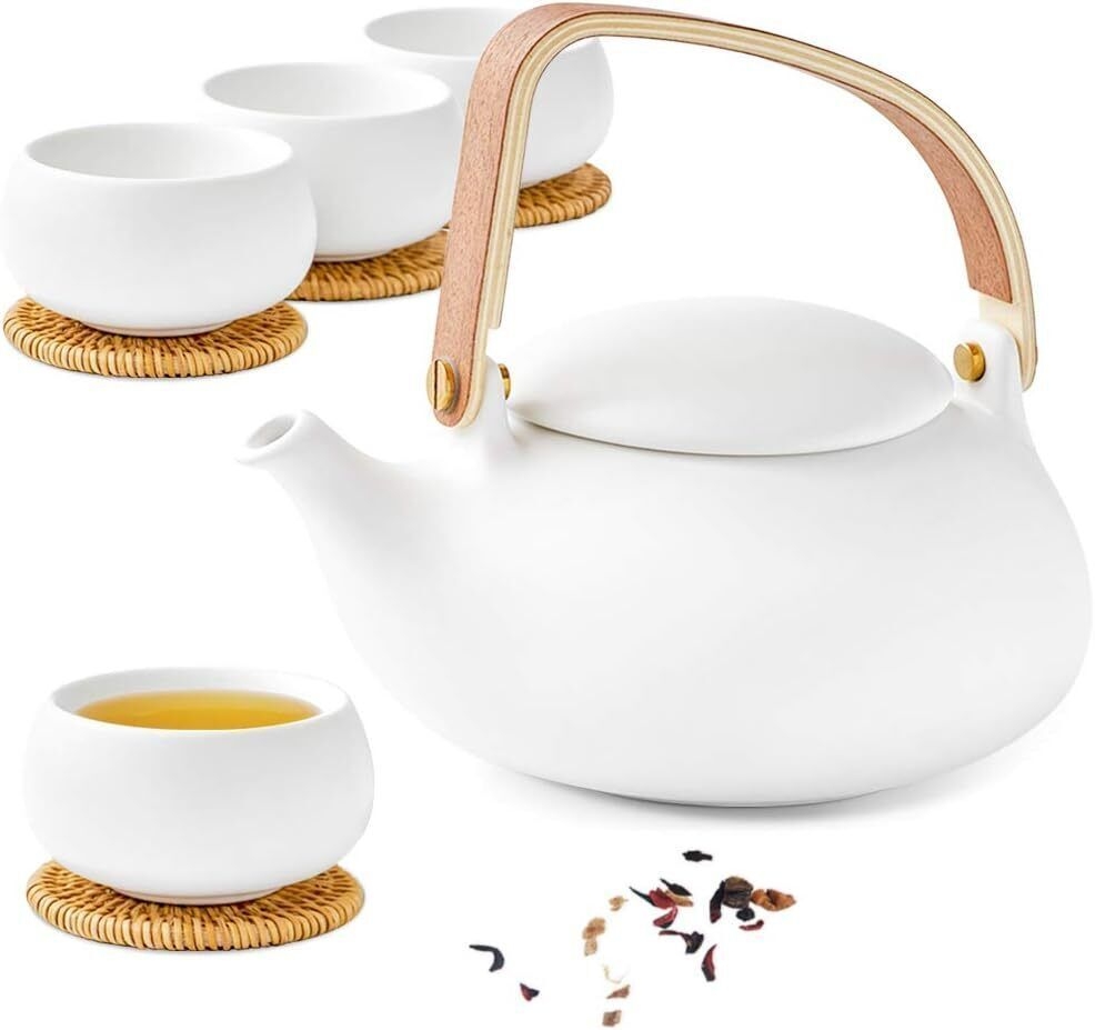 Zens Ceramic Teapot With Infuser, Bentwood Handle 04-white Teapot/4 Cups