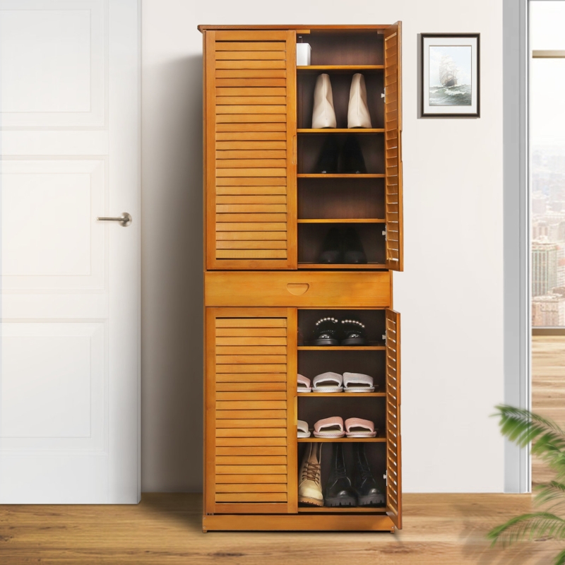 10 Tiers Rayon from Bamboo Shoe Rack 27 Pairs Boots Storage Drawered Cabinet with Blinds Door for Entryway