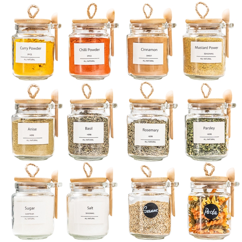12 Airtight Glass Spice Jars with Bamboo Lids 8oz Spice Bottles White Spice Jars with Label u0026 Spoon