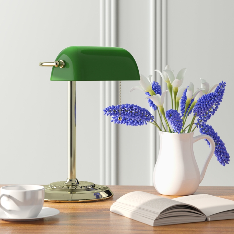 13.5" Traditional Bankers Desk Lamp with Glass Shade, Green