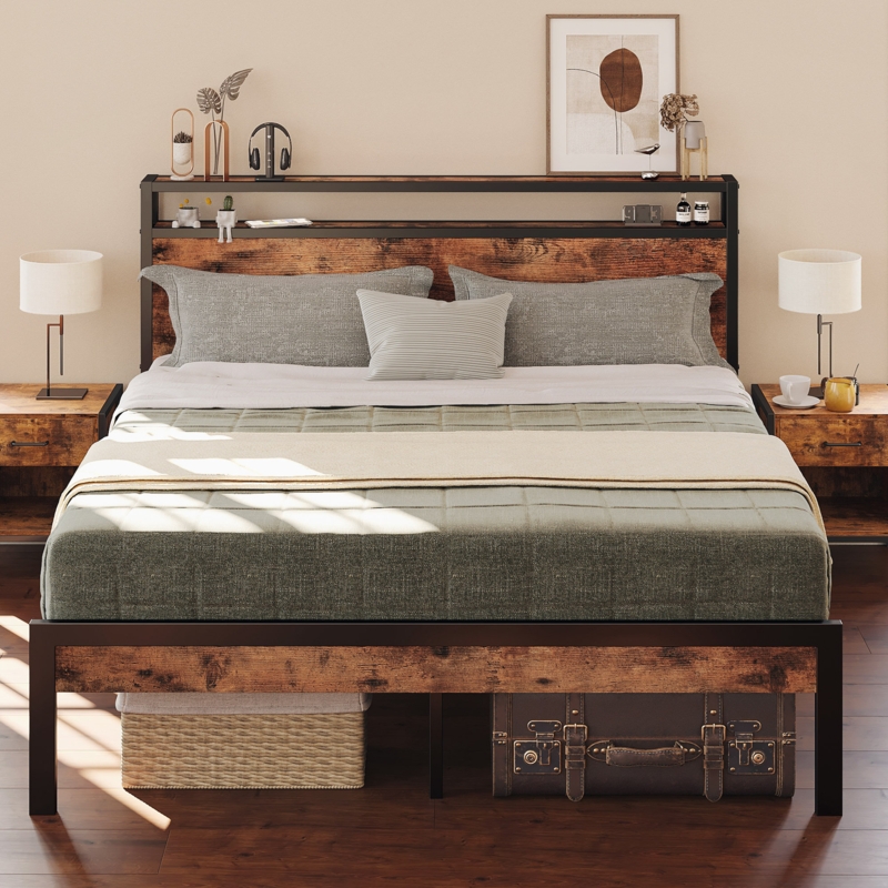 17 Stories Full Bed Frame, Platform Bed Frame Full With 2-tier Storage Headboard And 11 Strong Support Legs, More Sturdy, Noise-free, No Box Spring Needed
