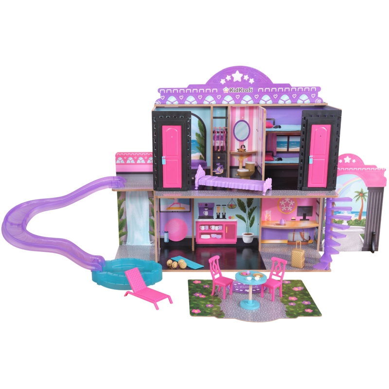 2-in-1 Wooden Hotel and Waterslide Dollhouse