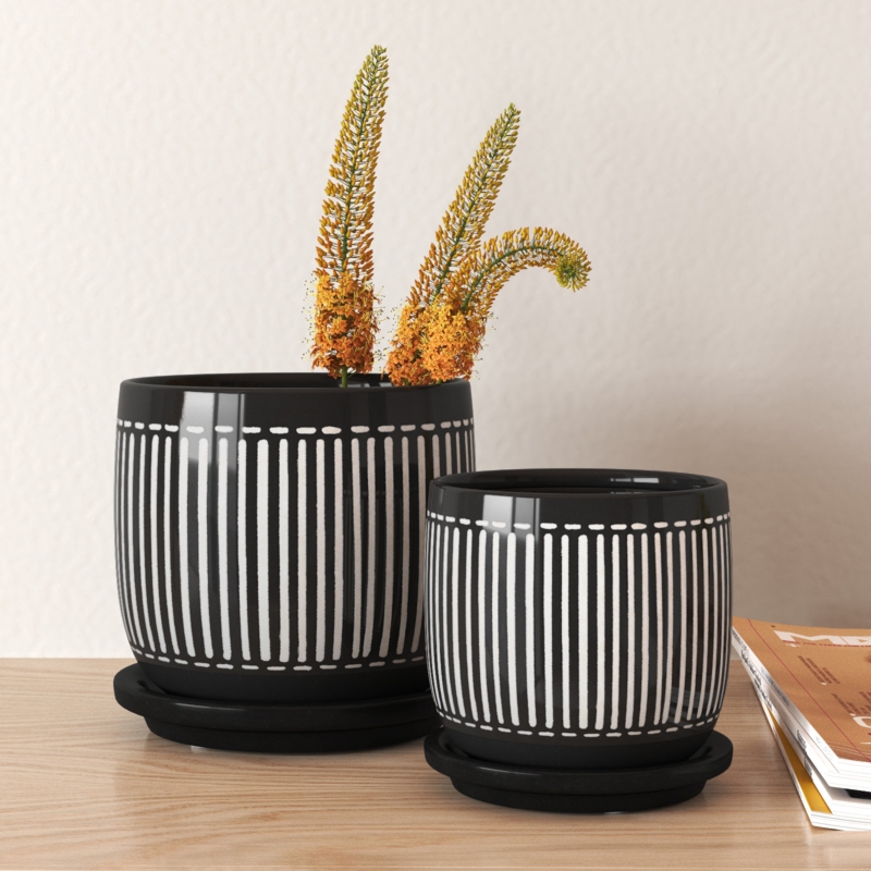 2 Piece Set Ceramic Planter - Black and White, Vertical Line Design, 5" Planter, 6" Planter, For Indoor and Outdoor Plants, Succulent Planter Set, Black Planters