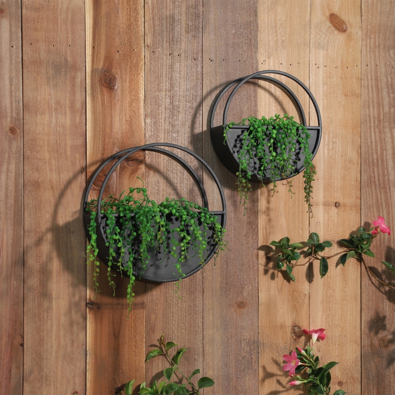 2 Piece Set Metal Round Wall Planters - Black Iron Plant Holders for Indoor Plants - Modern Transitional Style Wall Decor - Gift Idea for Plant Lovers