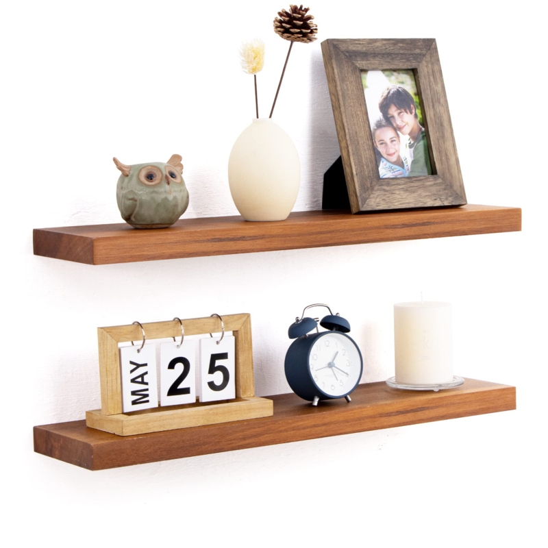 2 Piece Solid Acacia Wood Wall Mounted Floating Shelves, Rustic Shelf for Living Room