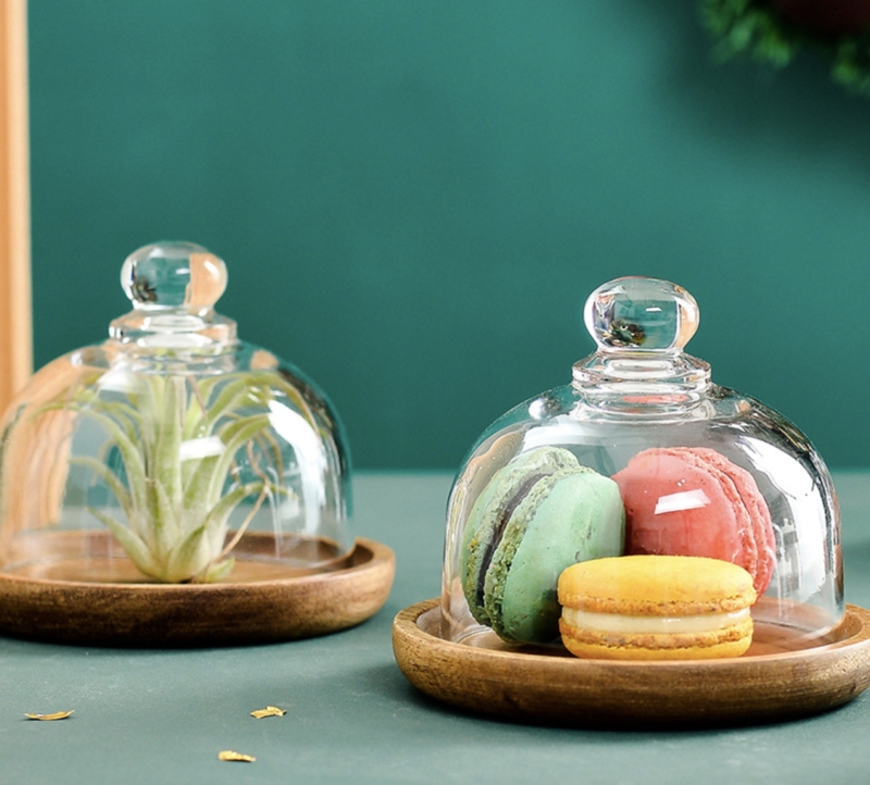 2 Sets Mini Glass Dome With Wooden Tray, Individual Serving Dessert Plate And Appetizer Plate, Cupcakes And Sweets Display, Macarons Display, Air Plant Terrarium