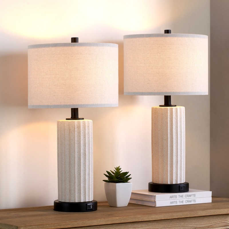 23" Ceramics Dimmable Table Lamp Set with Touch Control, USB Ports and Bulbs