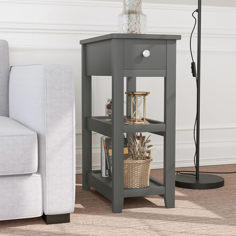 24'' Tall End Table, Narrow Side Table with Drawer and Shelve for Small Space