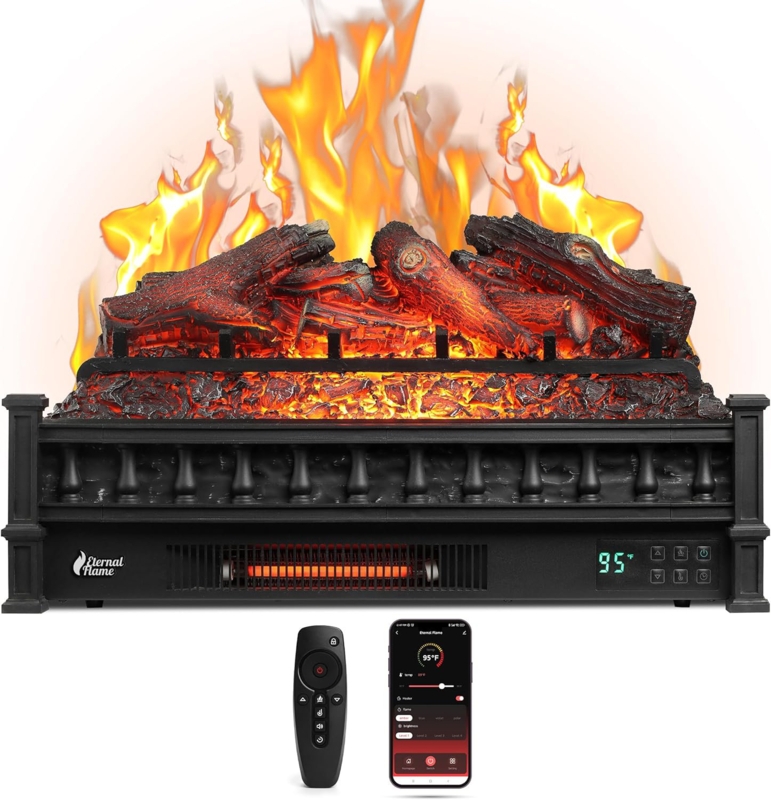 26" WiFi Infrared Quartz Electric Fireplace with Sound Crackling, Realistic Lemonwood Logs, Thermostat, Timer, 1500W