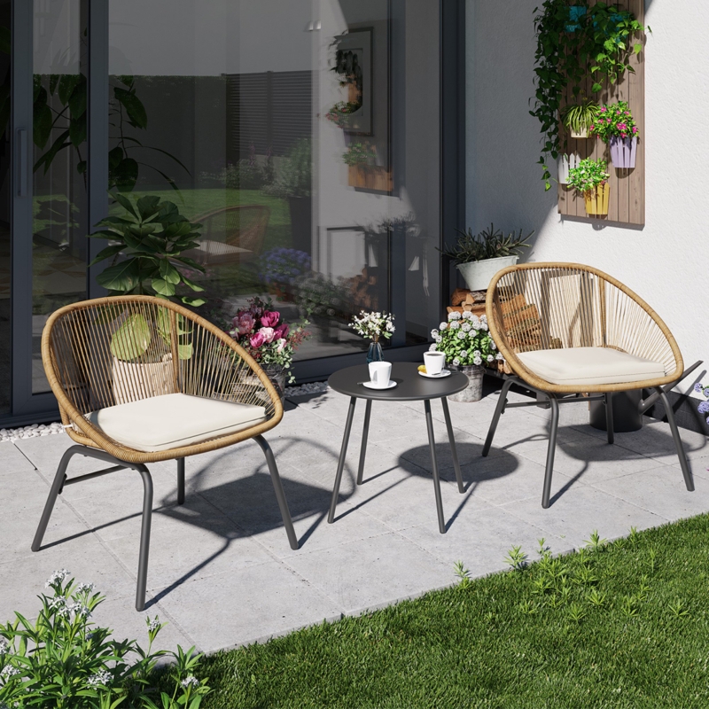 3 Piece Patio Bistro Rattan Chair & Table Set with Cushions