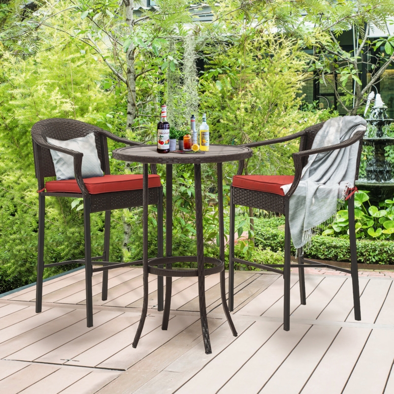 3-Piece Patio Wicker Height Bar Set w/ Barstools, Metal Top Table for Backyard, Poolside, Balcony