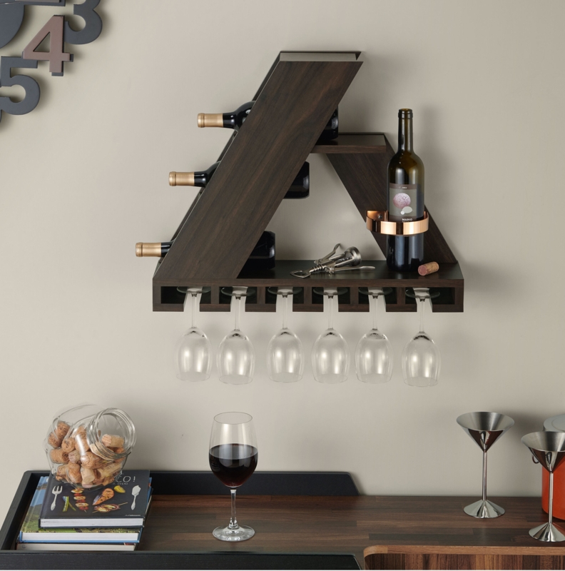 4 Bottle Wall Mounted Wine Bottle u0026 Glass Rack in Wenge