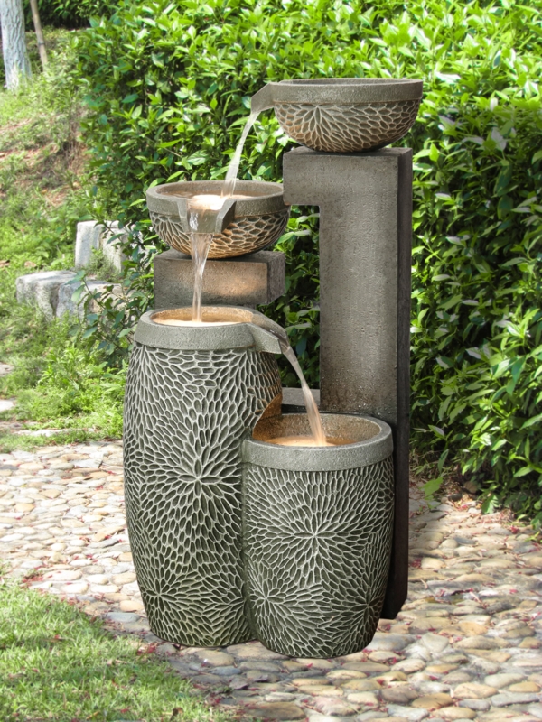 4 Tiers Modern Cascading Water Fountain Outdoor with Warm White LEDS