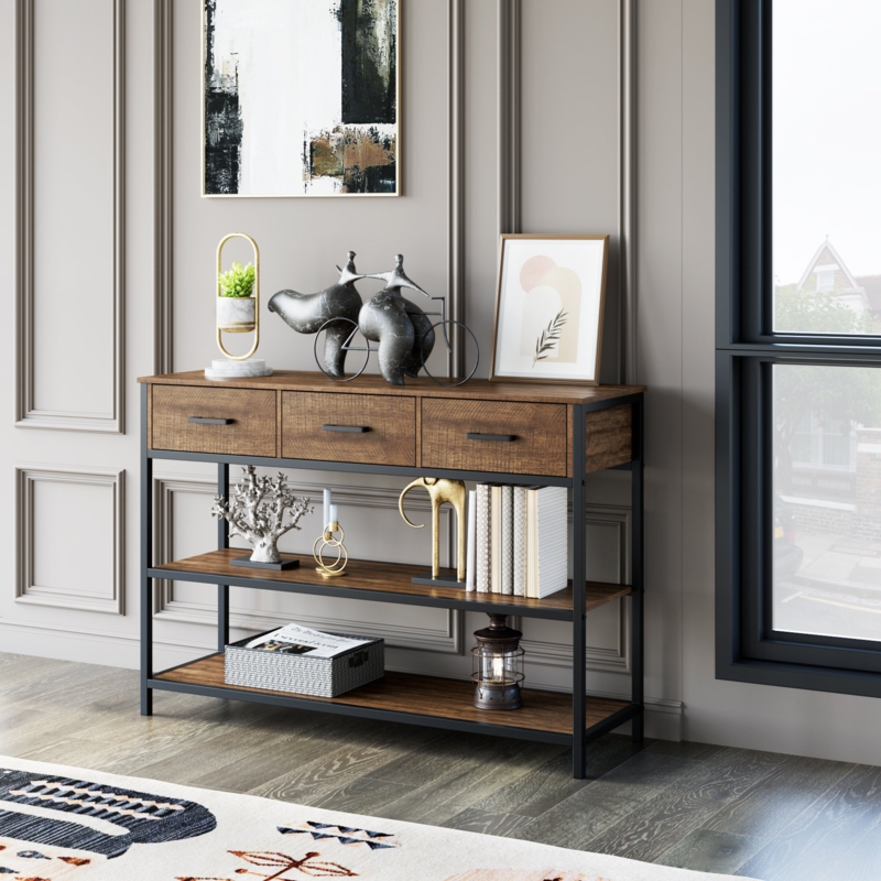 43.3" W 30.1" H Console Table With 3 Drawers and Open Storage Shelves