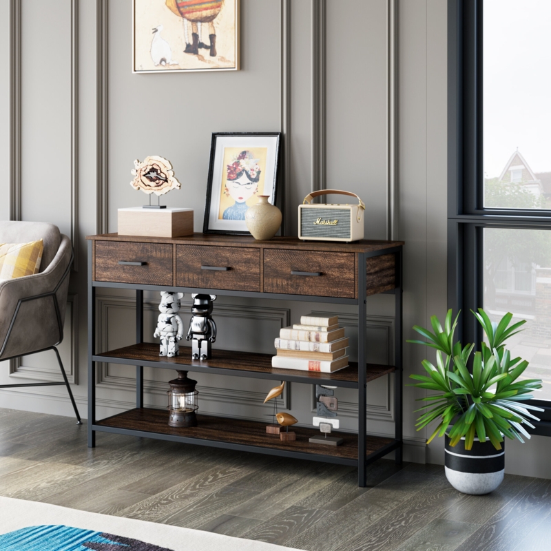 43.3" W 30.1" H Console Table With 3 Drawers and Open Storage Shelves