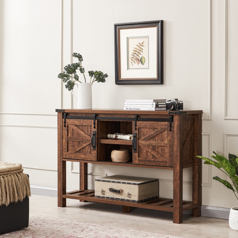 46'' Farmhouse Console Table with Sliding Barn Door, Adjustable Shelf, Open Storage Shelf