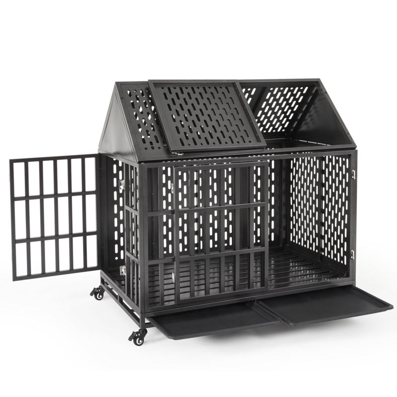 46 Inch Heavy Duty Dog Crate For High Anxiety Dogs, Indestructible Large Kennel Indoor, Removable Trays And Lockable Wheels, Chew Proof Cage With Pointed Roof
