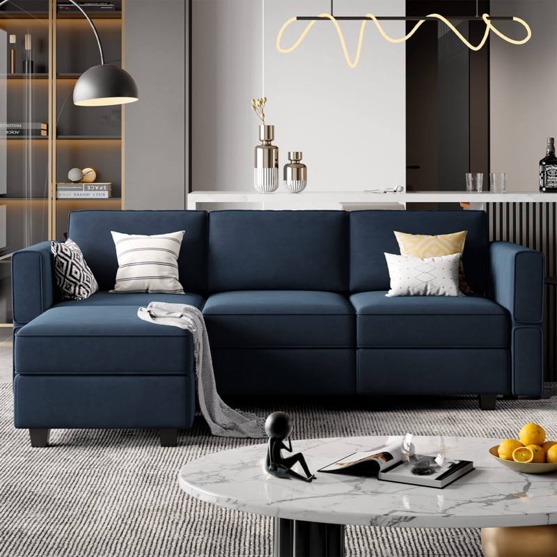 5-Piece L Shaped Upholstered Sectional Couch Apartment Modular Velvet Sofa with Storage Ottoman
