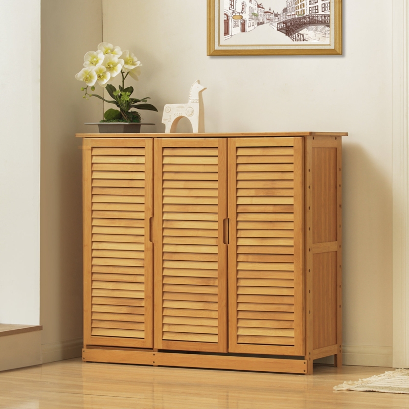 5-Tier 21 Pairs Storage Free Standing Bamboo Shoe Rack Blinds with Door, for Entryway Hallway