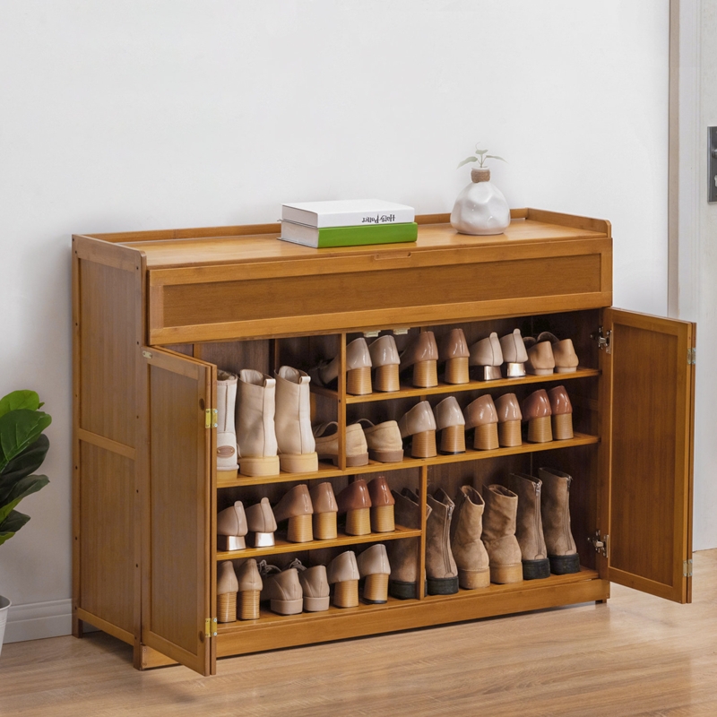 5 Tiers Shoe Rack Cabinet with Door, 24 Pairs Organizer Storage Bamboo Stand for Hallway Entryway