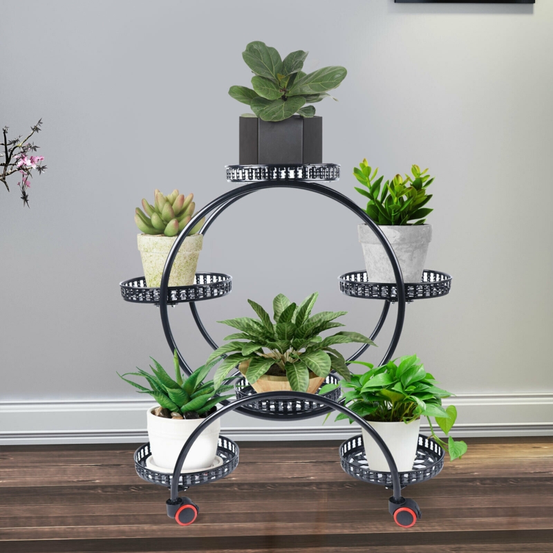 6 Pots Metal Plant Stands, Plants Flower Stand Holder Supports with Wheel Patio Garden Container for Living Room