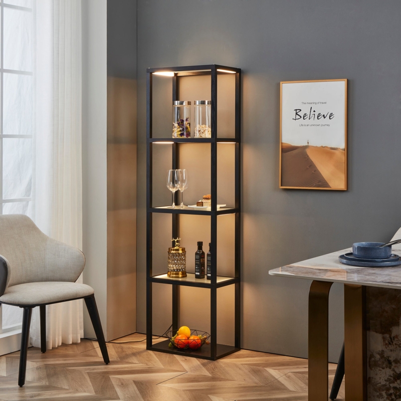 66" Glass Display Shelf Floor Lamp with LED Lights, Fully Dimmable, Remote Control