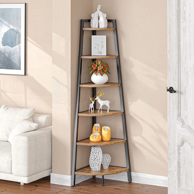 68.9" H x 17.7" W Iron Corner Bookcase 6 Tier Ladder Shelf