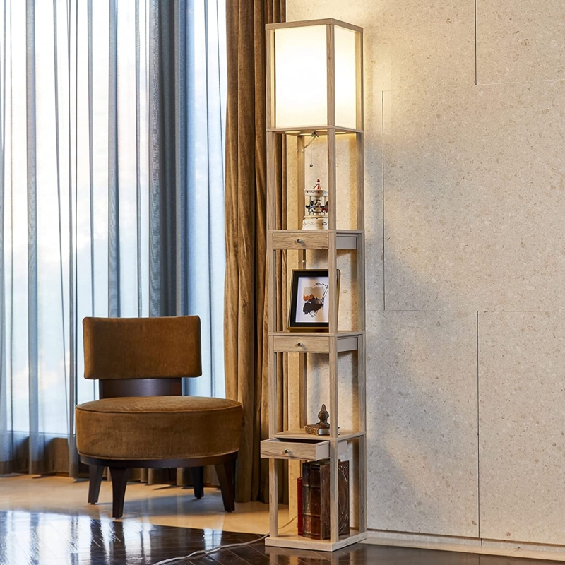 72" Column Floor Lamp With Shelves and 3 Drawers