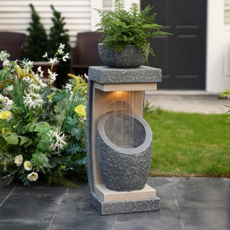 Abdulameer 32 Inch Gray Resin Column and Bowl Sculpture Raining Water Outdoor Fountain with Lights