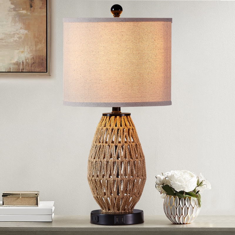 Adone 22.5 in. Rattan Table Lamp with Dual USB Ports and Built-in Outlet
