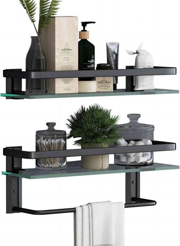 Aivery 15.7in Glass Bathroom Shelf with Towel Holder - Wall Mounted 2 Tier Floating Shelves for Shower
