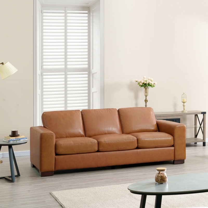 Ajmy Genuine Leather Square Arm Sofa Couch Oversized Deep Seat Sofa Modern Upholstered Sofa