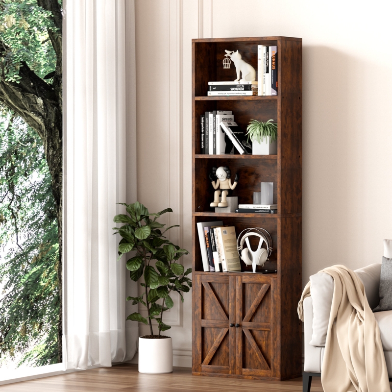 Aleysha 6-Tier Tall Bookshelf with Doors, 71" Storage Bookcase, Free Standing Display Shelf