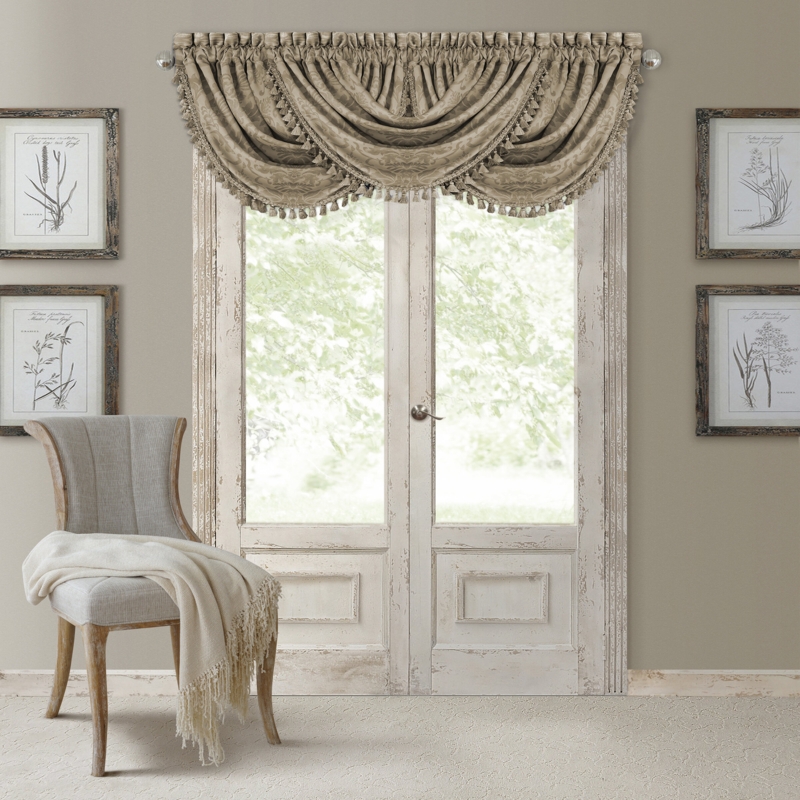 Alicia Damask Print Waterfall Tassel 52" Window Valance