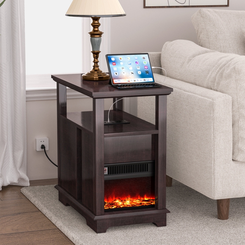 Amelija 23.6'' Tall Tray Top End Table with Fireplace and Built-In Outlets