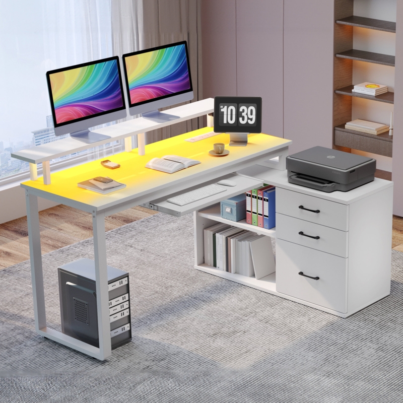 Ameliore 55.1" L Shaped Computer Desk with File Drawer, LED Lights and Keyboard Tray