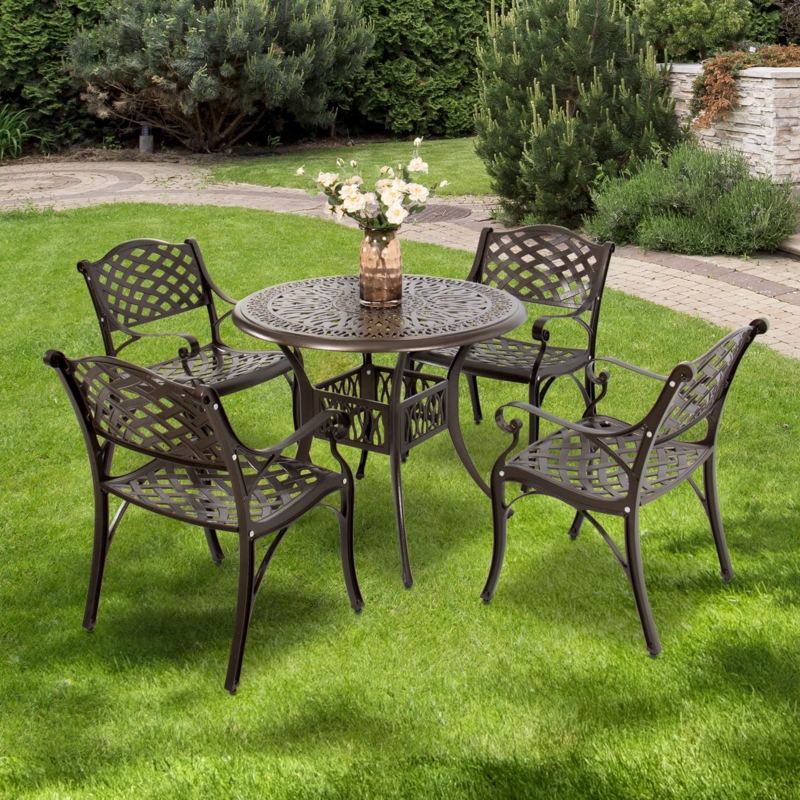 Amilyah Outdoor Patio Retro Round Cast Iron Dining Table and 4 Cast Iron Chairs