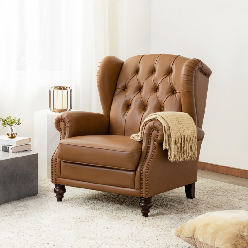 Amyri 33" Wide Genuine Leather Wingback Armchair with Button-Tufted