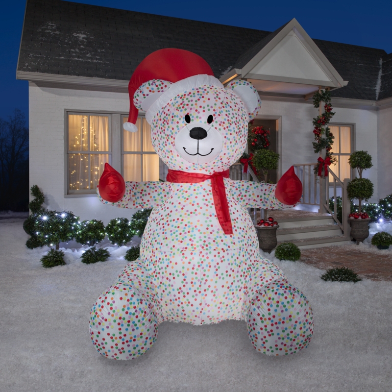 Animated Airblown-Hugging Candy Sprinkles Bear W/Santa Hat And Scarf-Giant Inflatable